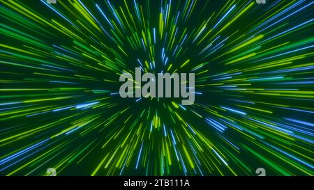Abstract space travel in Green and Blue neon glow colors Stock Photo