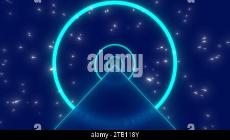 Abstract futuristic neon ring tunnel loop with starfield background Stock Photo