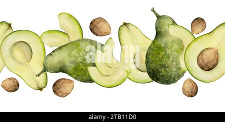 Hand drawn watercolor sliced green avocado vegetables for diet, healthy lifestyle, vegan cooking. Illustration seamless border isolated on white Stock Photo