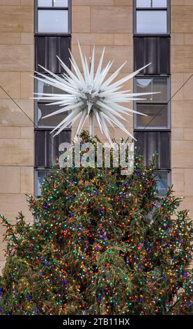 New York, USA - December 01, 2023: Christmas tree topper at the famous Rockefeller Center, holiday attraction on Fifth Avenue, Midtown Manhattan Stock Photo