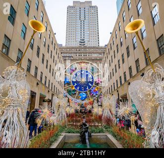 New York, USA - December 01, 2023: Carousel of Dreams, Christmas decoration Christian Dior collaboration on Saks Fifth Avenue store in Manhattan Stock Photo