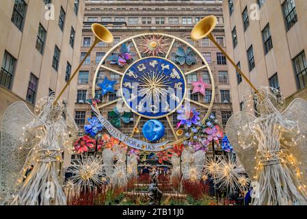 New York, USA - December 01, 2023: Carousel of Dreams, Christmas decoration Christian Dior collaboration on Saks Fifth Avenue store in Manhattan Stock Photo