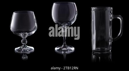 set of empty glasses isolated on black background Stock Photo