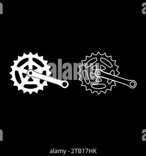 Crankset cogwheel sprocket crank length with gear for bicycle cassette system bike set icon white color vector illustration image simple solid fill Stock Vector