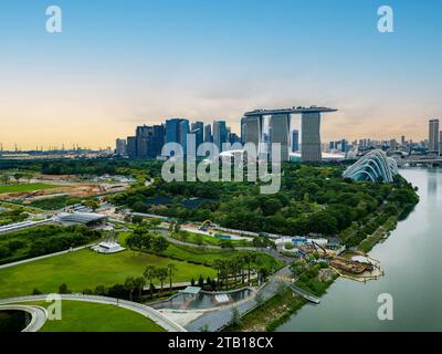 Aerial view of the Marina Bay area of Singapore at dusk Stock Photo