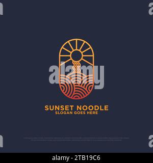 sunset noodle logo design vector, outline food and beverages vector illustration, nature outdoor cafe shop modern logo template Stock Vector