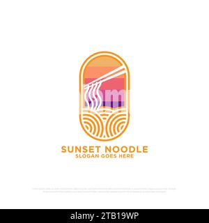 sunset noodle logo design vector, outline food and beverages vector illustration, nature outdoor cafe shop modern logo template Stock Vector