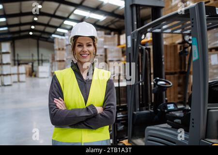 Female warehouse worker standing by forklift. Warehouse manager checking delivery, stock in warehouse, inspecting products for shipment. Stock Photo