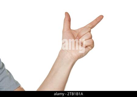 male hand pointing to the right with the index finger on white background Stock Photo