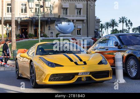 Monaco, Monaco - Yellow Ferrari 458 Speciale A parked on the on Casino Square. Stock Photo