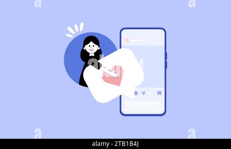 Vector illustration of user with giving like on social media, online social platform. Community of followers in social networks, seo analysis and comm Stock Vector