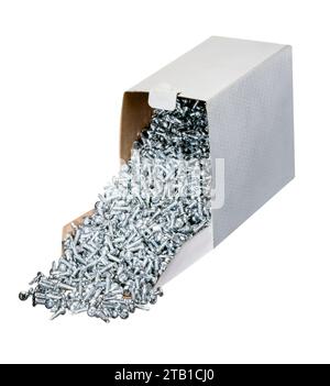 Lots of metallic screws in a tipped over cardboard box Stock Photo