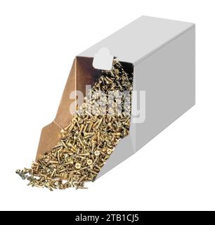 Lots of metallic screws in a tipped over cardboard box Stock Photo