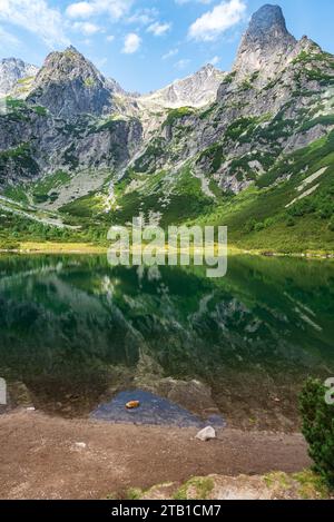 Zelene pleso lake with peaks above in HIgh Tatras mountains in Slovakia during beautiful summer morning Stock Photo