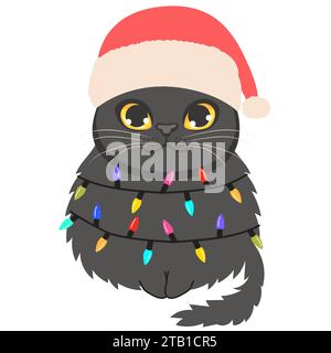 Cute Black Cat Santa Claus hat With Colorful Light bulbs Drawing. Pet animal decorated for holiday season sitting isolated on white background Stock Photo