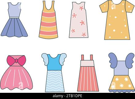 Cute dress for girls hand drawn set. Summer outfit for child clip art. Fashionable feminine clothing, isolated vector illustration Stock Vector
