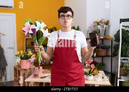 Young non binary man working at florist shop showing smartphone screen making fish face with mouth and squinting eyes, crazy and comical. Stock Photo