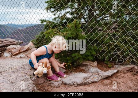 Little girl sitting on rock holding stuffed toy and picking flow Stock Photo