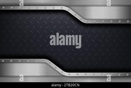The dark background consists of reflective metallic lines. Diamond pattern metal sheet. Silver black industrial background. Vector illustration. Eps 10. Stock Vector
