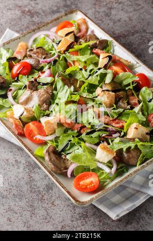 Warm chicken liver salad with bacon, cherry tomatoes, arugula. red onion and croutons close-up on plate on table. Vertical Stock Photo