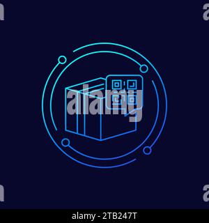 parcel, package with QR code icon, linear design Stock Vector