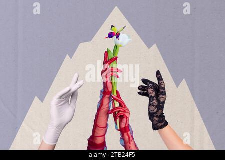 Creative 3d graphics collage of colorful lady arms wear lace gloves holding flower isolated drawing background Stock Photo
