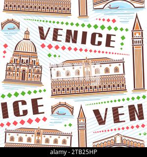 Vector Venice Seamless Pattern, square repeat background with outline illustration of famous venice city scape on white background, decorative line ar Stock Vector