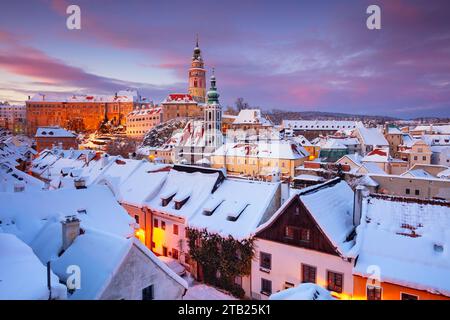Cesky Krumlov, Czech Republic. Aerial cityscape image of Cesky Krumlov, Czech Republic at beautiful winter sunset. Stock Photo