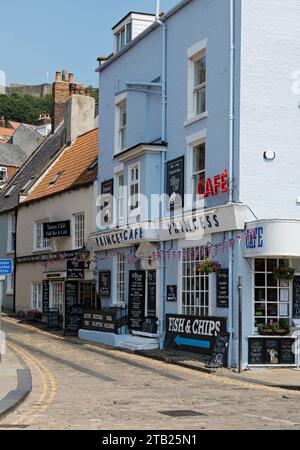 Tunny Club fish and chips shop and Princess cafe in summer Scarborough North Yorkshire England UK United Kingdom GB Great Britain Stock Photo