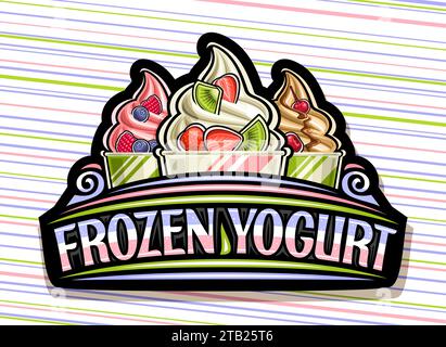 Vector logo for Frozen Yogurt, black decorative signboard with outline illustration of 3 different cool ice creams with fresh fruits in paper bowl and Stock Vector