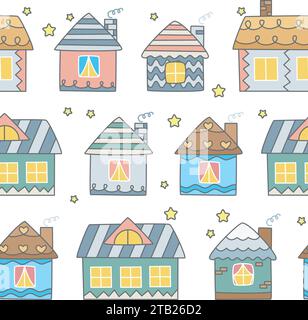 City street with cute houses seamless pattern. Urban development background. Simple houses and cottages hand drawn print cartoon style, vector Stock Vector