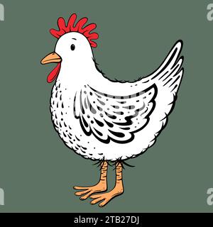 White cartoon style chicken illlustration. Cute rustic hen design on a plain background. Stylish chicken. Stock Photo