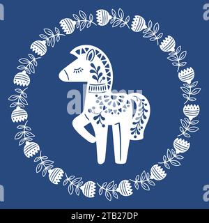 Vector hand drawn illustration of animals in Nordic style hygge. Horse in floral wreath in Folk Scandinavian style Stock Vector