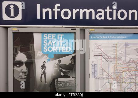 Closeup of a TFL See it, Say it, Sorted safety campaign poster at a railway station in London, England, U.K. Stock Photo