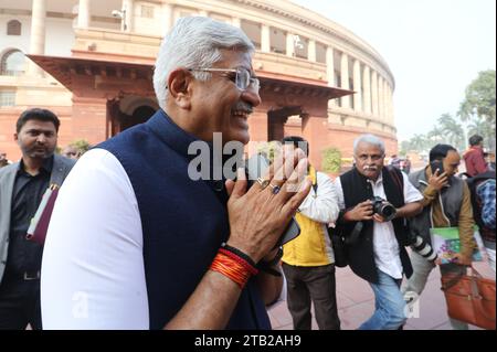 New Delhi, India. 04th Dec, 2023. Bharatiya Janata Party leader Gajendra Singh Shekhawat greets people upon his arrival on the first day of the Parliament winter session 2023, at Parliament House. Prime Minister Modi said the opposition should learn from defeat and consider this a golden opportunity and move forward with positivity this session. Credit: SOPA Images Limited/Alamy Live News Stock Photo