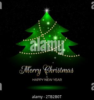 Merry christmas and happy new year greeting card. Christmas tree, lights, golden decoration. Design for invitation, greeting card, wallpaper. Shiny Stock Vector