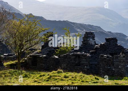 Ruins of buildings in the old slate quarry at Dinorwig, Llanberis, Snowdonia national park, North Wales. Stock Photo