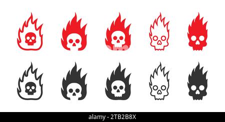 Fire skull icon set. Flaming skull icon. Burning head logo. Vector illustration Stock Vector