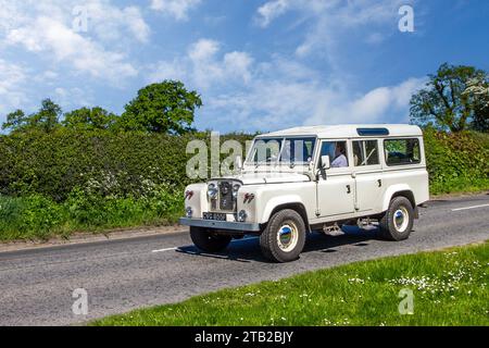 1968 60s sixties Cream HCV Land Rover 3300 cc Diesel LWB 110 hard top Series IIA ; Vintage, restored classic motors, automobile collectors motoring enthusiasts, historic veteran cars travelling in Cheshire, UK Stock Photo