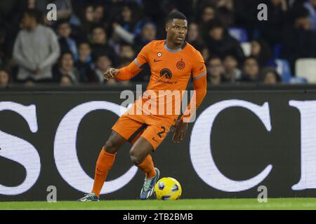 Naples, Italy. 03rd Dec, 2023. Inter's Dutch defender Denzel Dumfries controls the ball during the Serie A football match between SSC Napoli and Inter at the Diego Armando Maradona Stadium in Naples, southern Italy, on December 03, 2023. Credit: Independent Photo Agency/Alamy Live News Stock Photo
