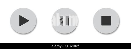 Play, pause and stop buttons with shadows. Flat vector illustration Stock Vector