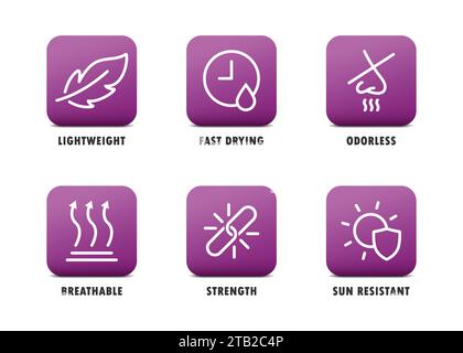 Useful icons set. Such as: lightweight, odorless, breathable, strength. Vector illustration Stock Vector