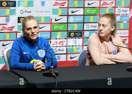 England manager Sarina Wiegman and Keira Walsh during a press conference at Hampden Park, Glasgow. Picture date: Monday December 4, 2023. Stock Photo