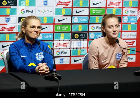 England manager Sarina Wiegman and Keira Walsh during a press conference at Hampden Park, Glasgow. Picture date: Monday December 4, 2023. Stock Photo