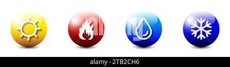 Water, fire, sun and snowflake icons. Hot and cold symbols. Warmth and cold. Freezing snow and fire symbols. Flat vector illustration Stock Vector