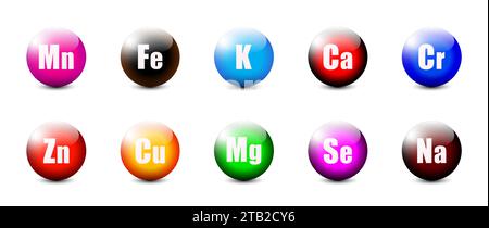 Microelements icons set. Balance of micro elements. Round glossy buttons with lettering. Healthy life concept. Vector illustration Stock Vector