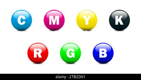 CMYK and RGB colorful glossy spheres. Cmyk icons. Rgb colors. Flat vector illustration Stock Vector