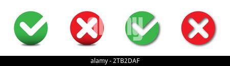 Tick and cross signs. Green checkmark OK and red X icons, Simple marks graphic design. Flat vector illustration Stock Vector