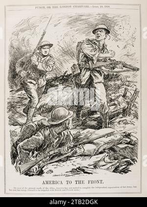 An April 1918 cartoon from Punch magazine marks the first arrival of American troops on the Western Front, here greeted by a French and a British soldier. The USA had entered the war a year earlier, in April 1917 Stock Photo