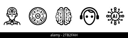 set of artificial intelligence icons in linear style, robot training, ai chip, brain with neural networks. Vector illustration Stock Vector